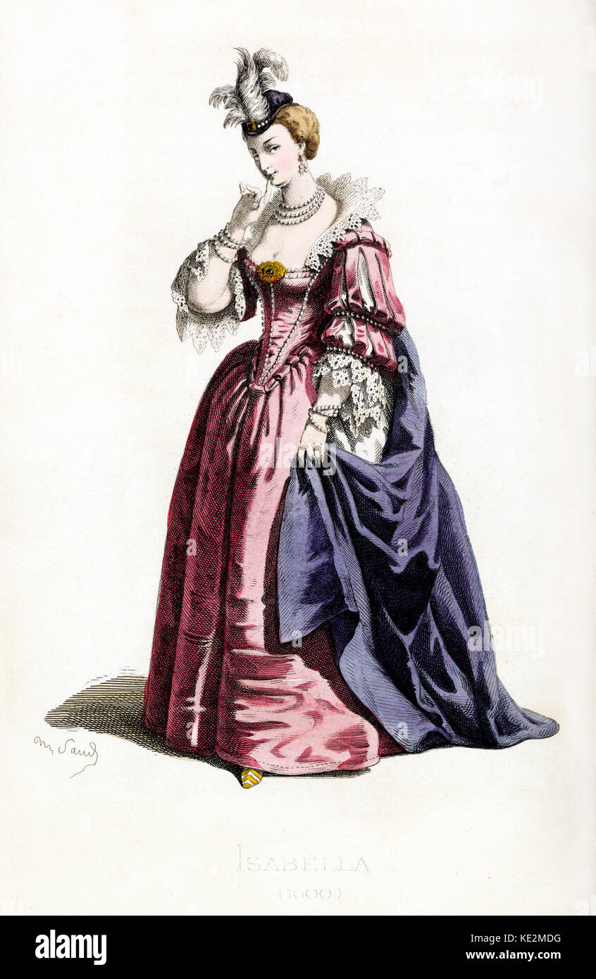 Isabella costume dated 1600 drawn by Maurice Sand, published in 1860. Commedia  dell' Arte character from Padua wearing a plumed hat, pearl necklace,  bracelets, lace trimmings, silk coat. Provocative Stock Photo - Alamy