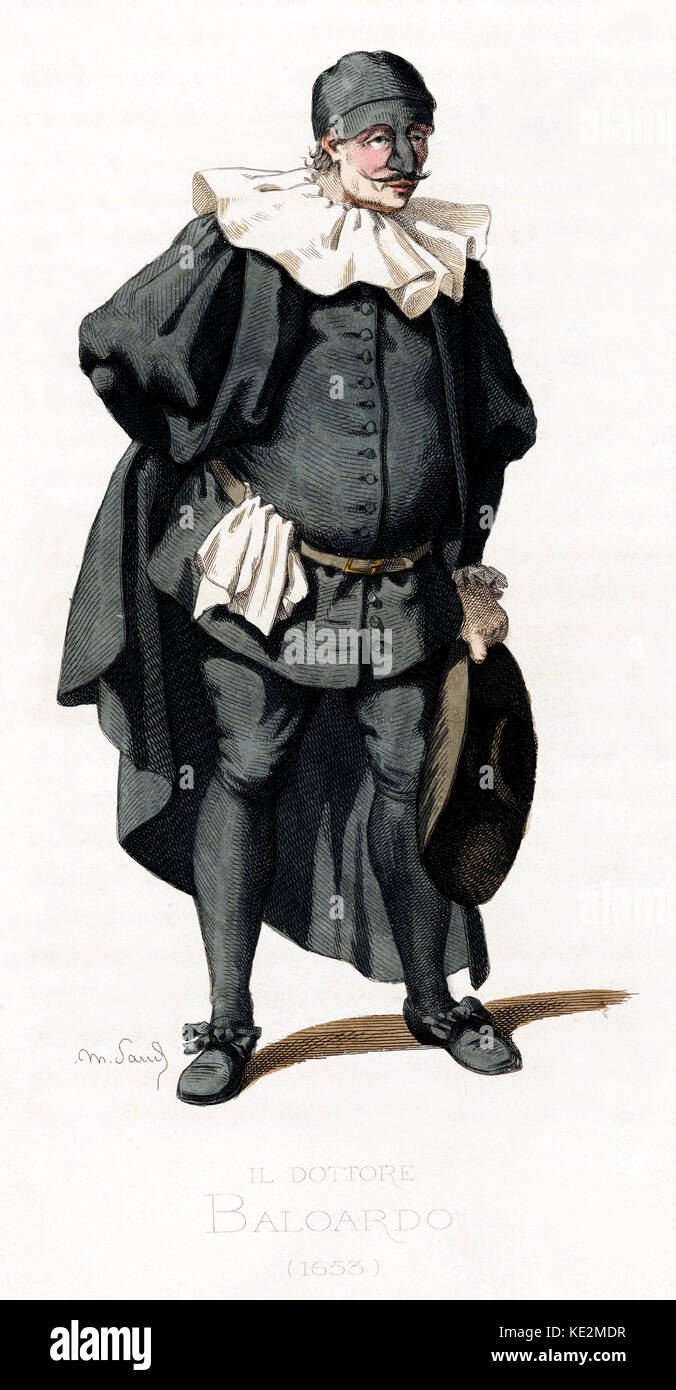 Il Dottore Baloardo costume dated 1653 drawn by Maurice Sand, published in  1860. Commedia dell' Arte character from Bologna wearing a hat, mask and  long coat. Mustache / Moustache. Painted cheeks. Inspiration