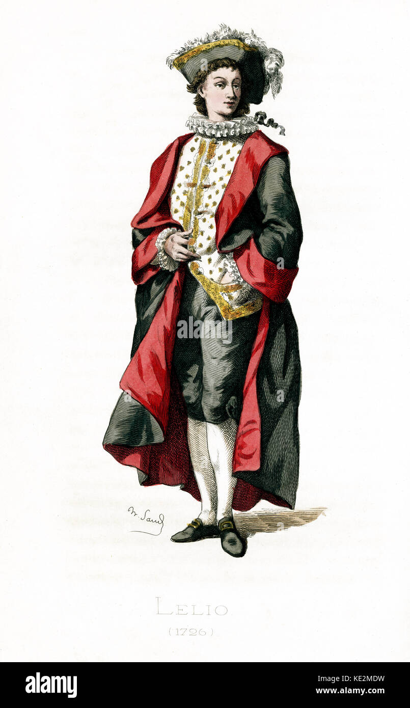 Lelio costume dated 1726 drawn by Maurice Sand, published in 1860. Commedia dell' Arte character.  The gentleman wears a plumed hat, ruffled collar. Stock Photo