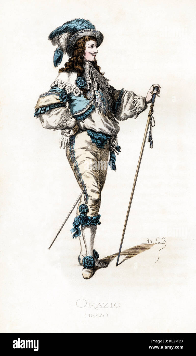 Orazio costume dated 1645 drawn by Maurice Sand, published in 1860. Commedia dell' Arte character.  The gentleman wears a plumed hat, lace collar.  Mustache / Moustache.  Gloves.  Silver cane.  Steel sword / rapier. Stock Photo
