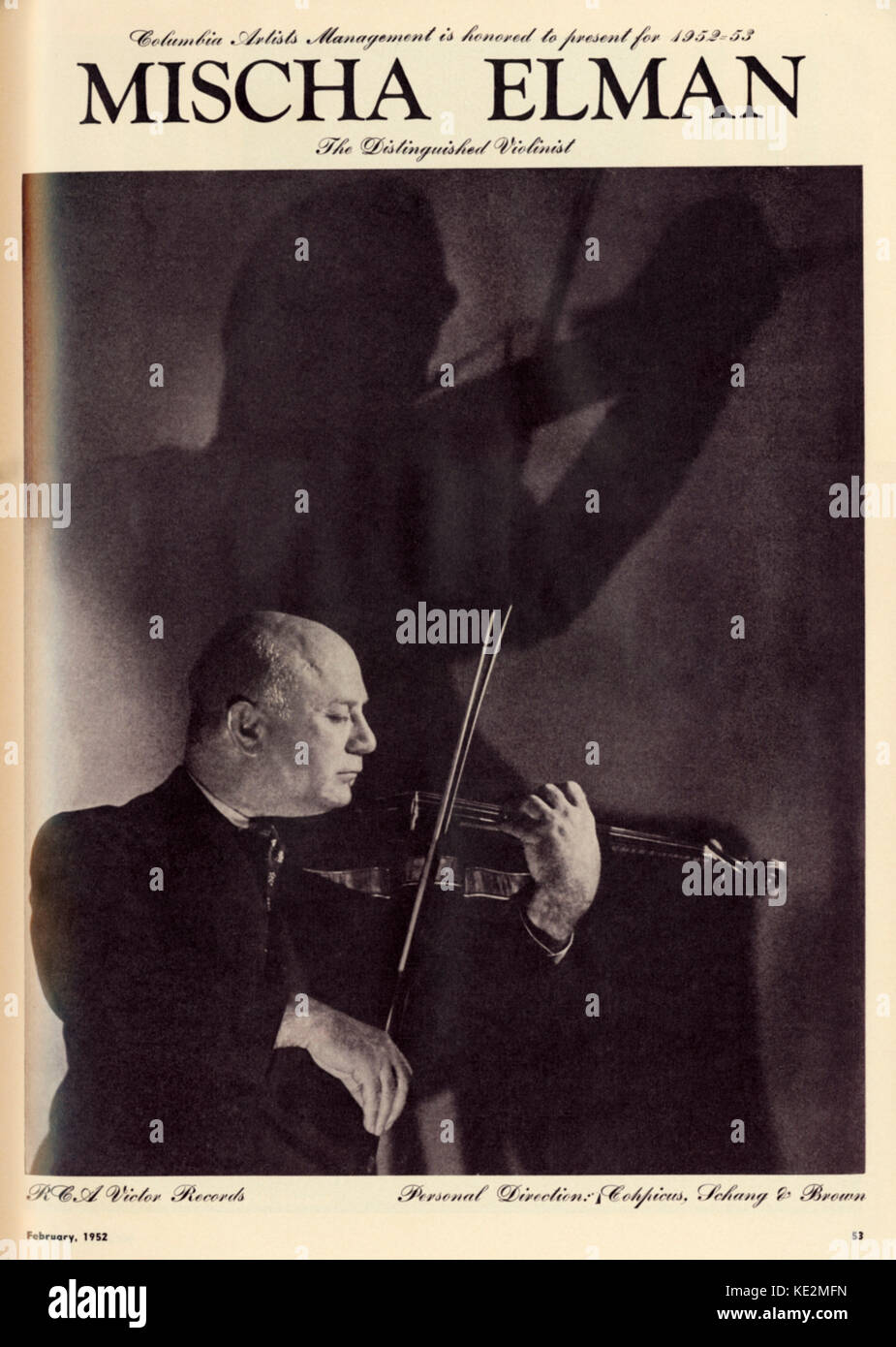 Mischa Elman - advertisement for the Ukranian violinist playing the violin, 1952. 20 January 1891 - 5 April 1967. Stock Photo