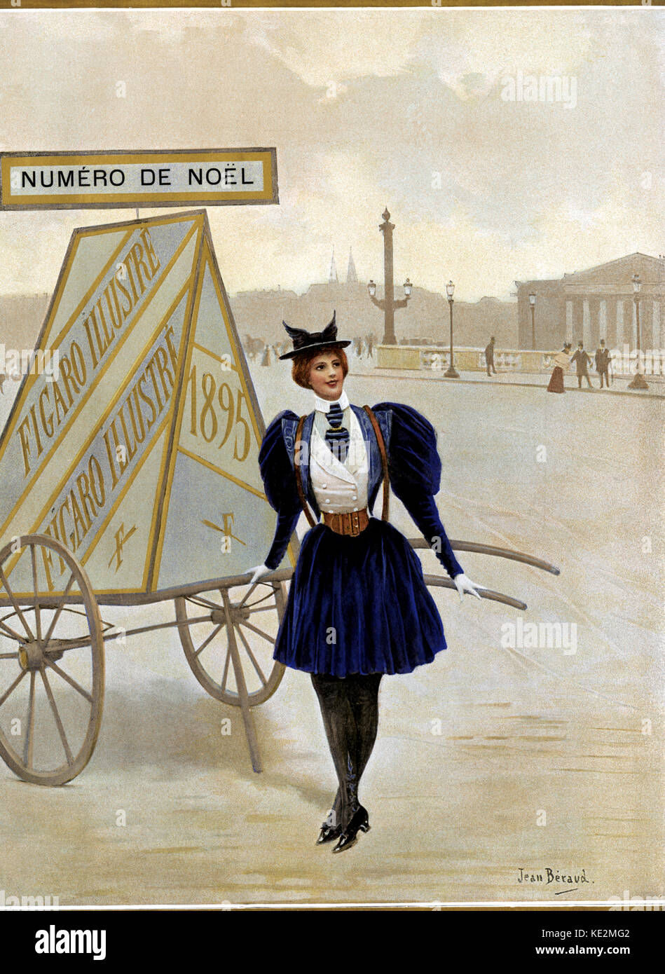 Young woman wearing late 19th century dress with leg of mutton sleeves, decorated tights/stockings, a cravat, a hat and gloves. Cover of Figaro Illustré 'Numéro de Noël', 1895. She is leaning against a mobile advertising board on Place de la Concorde (Paris).  Illustration by Jean Béraud (French painter 1849-1935). Stock Photo