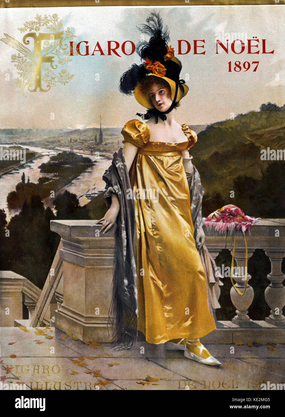 Young woman wearing an old-fashioned gown for Christmas. She is standing on  a terrace, with a village and river in the background. Cover of Figaro  Illustr, 'Numro de Nol' 1897. She is
