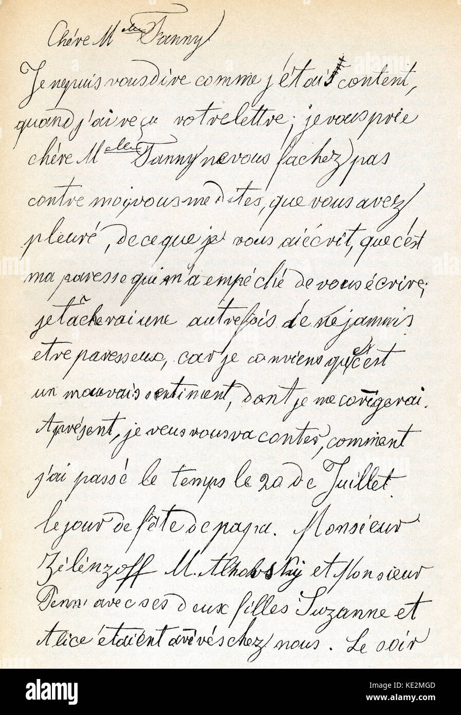 First page of a letter by the Russian composer Tchaikovsky for Miss Fanny Durbach in 1848.  Letter written in French, when the composer was a child. 7 May 1840 - 6 November 1893. Stock Photo