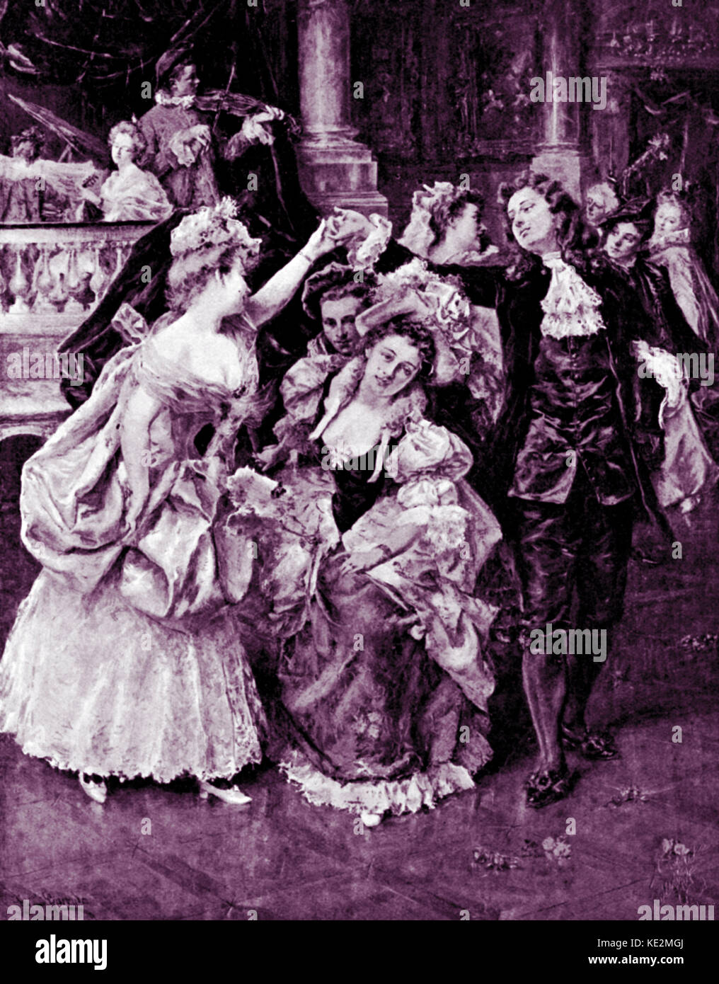 The Farandole , type of Provençal dance. After a picture by Garrido.    Couples dancing, forming a chain. Musicians in the background. Stock Photo