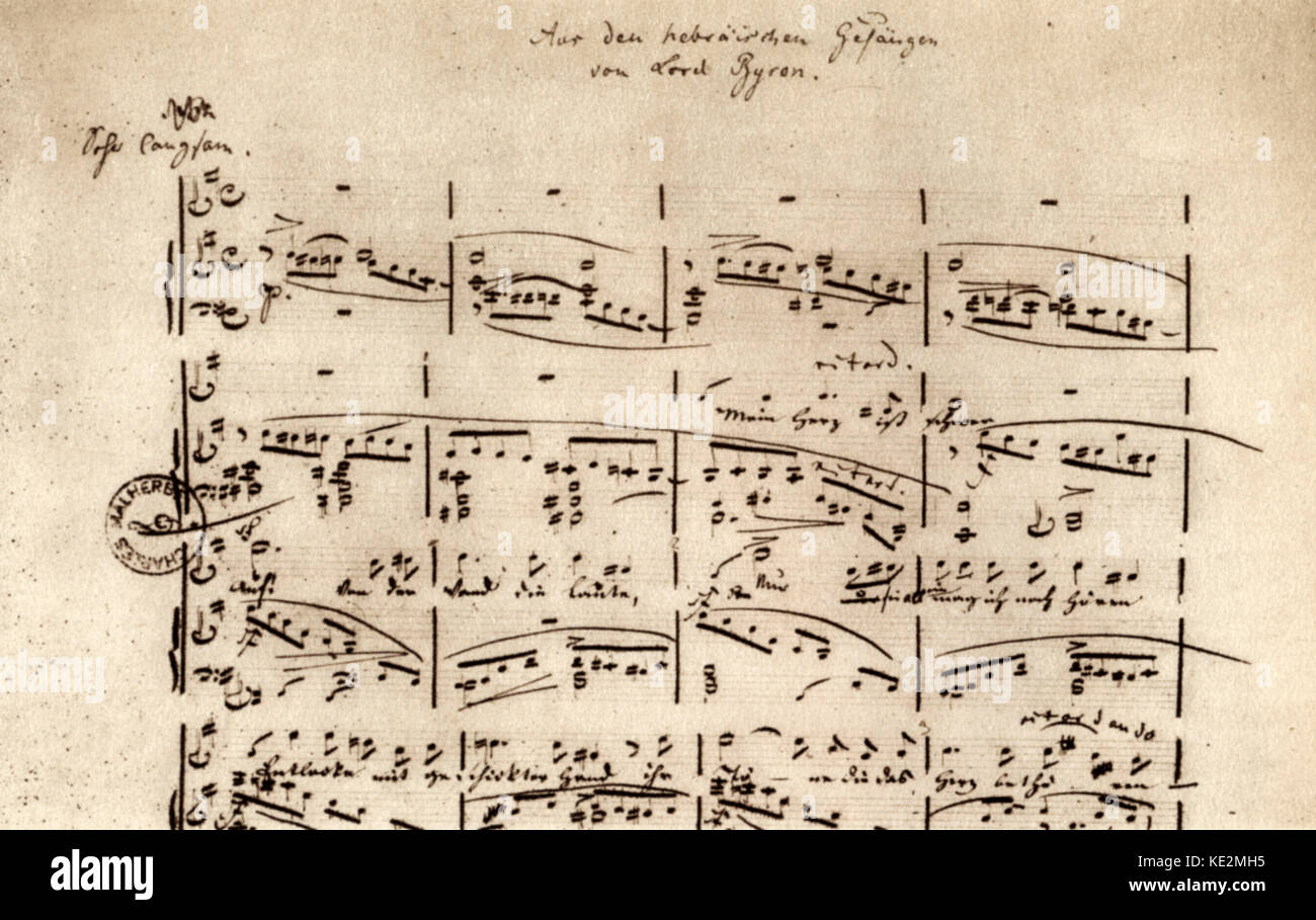 Aus den Hebraischen Gesangen (von Lord Byron) score page. Lied based on a poem by Lord Byron .  Robert Schumann , German composer, 8 June 1810 - 29 July 1856. Stock Photo