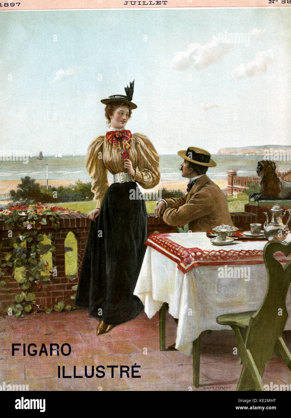 Courting couple at the seaside. Cover of Figaro Illustré, no. 88, July 1897. Woman is wearing typical 19th century outfit, with a blouse with leg of mutton sleeves, and a hat.  She is holding a rose in her hand as the man, seated, looks up at her.  He also wears a hat.   Illustration by Adrien Moreau (French painter, 18 April 1843 - 22 February 1906). Stock Photo