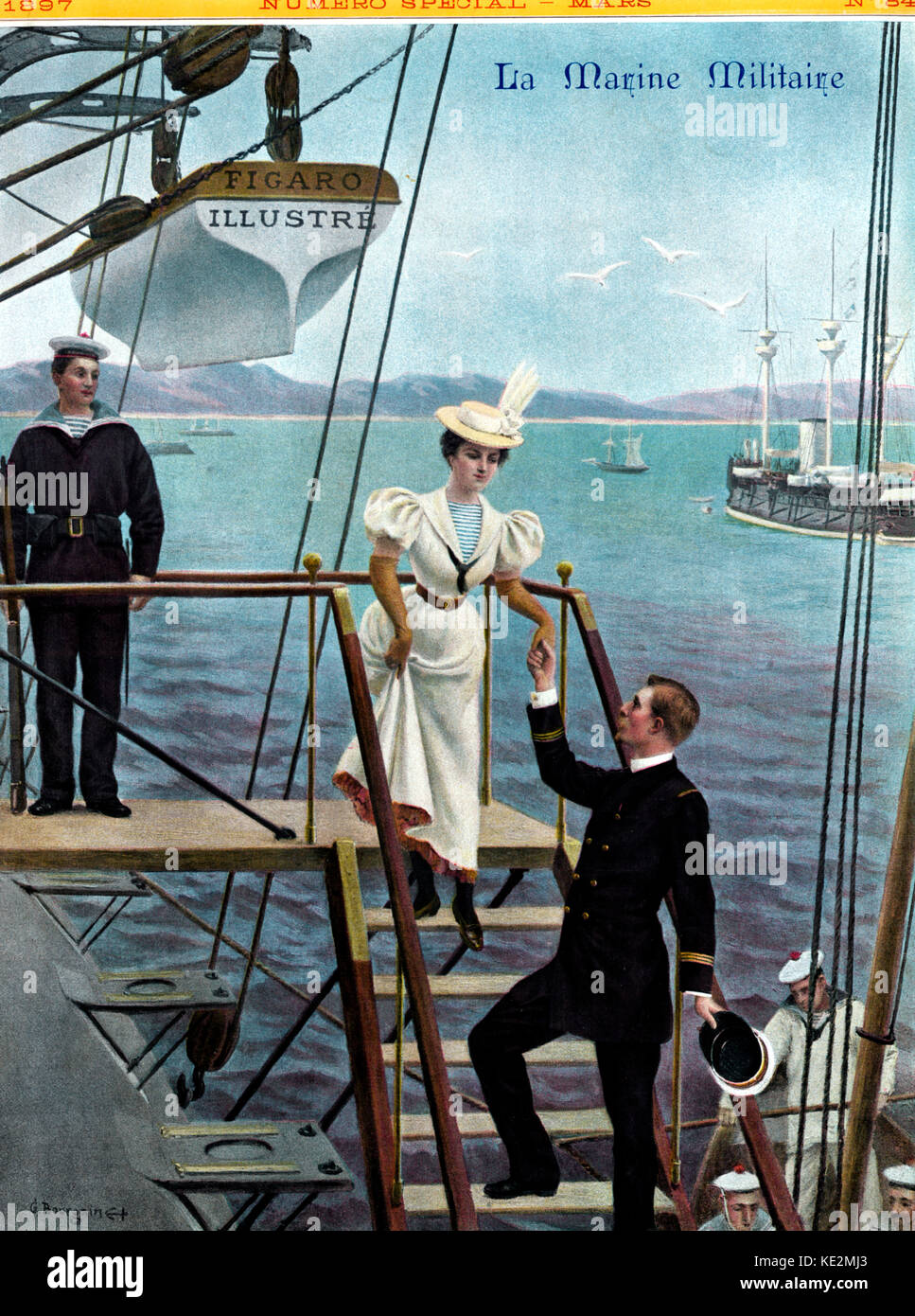 Young woman boarding a ship with the help of the captain.  Cover of Figaro Illustré, 'Numéro spécial', No. 84, March 1897. She is wearing a typical late 19th century dress with leg of mutton sleeves, with gloves and a hat.  The captain, wearing his uniform, has taken off his hat as he helps her onto the ship.  Sailors in uniform on boat.  Caption reads 'La Marine Militaire'.   Illustration by Gustave Bourgain (1856-1919).  Navy Stock Photo