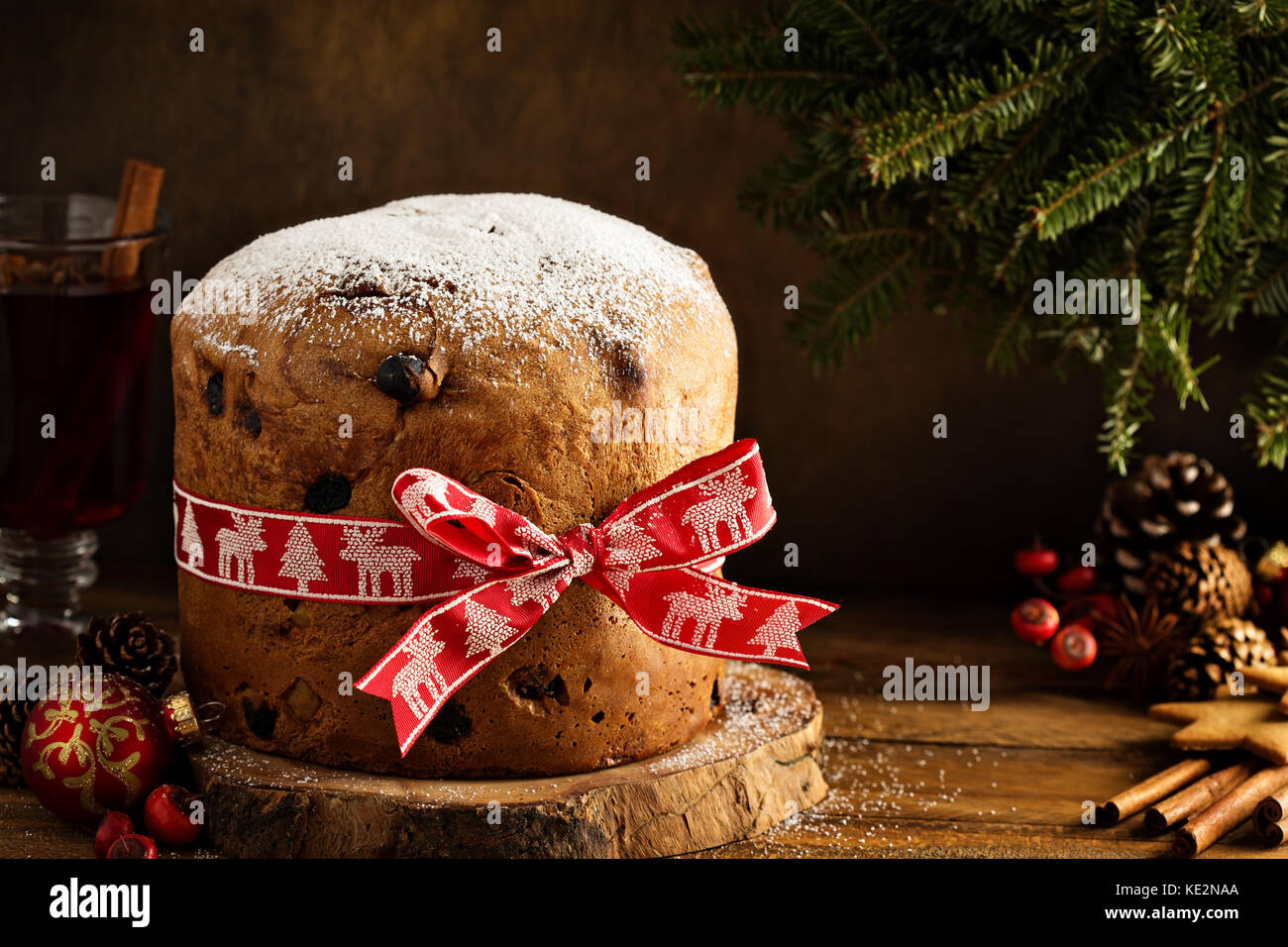 Traditional Christmas panettone with raisins and dried fruits Stock Photo