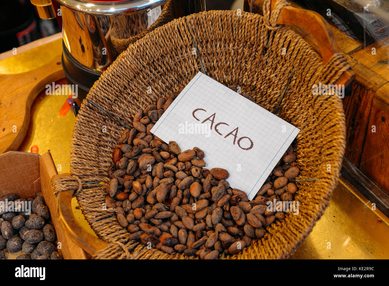 Cacao beans, the raw product of chocolate on display Stock Photo
