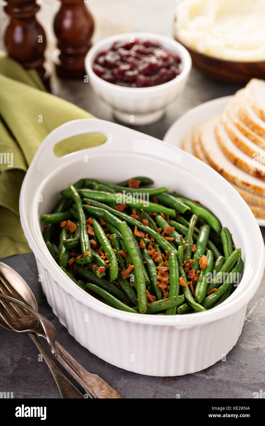 Green beans with bacon, side dish for Thanksgiving or Christmas dinner Stock Photo