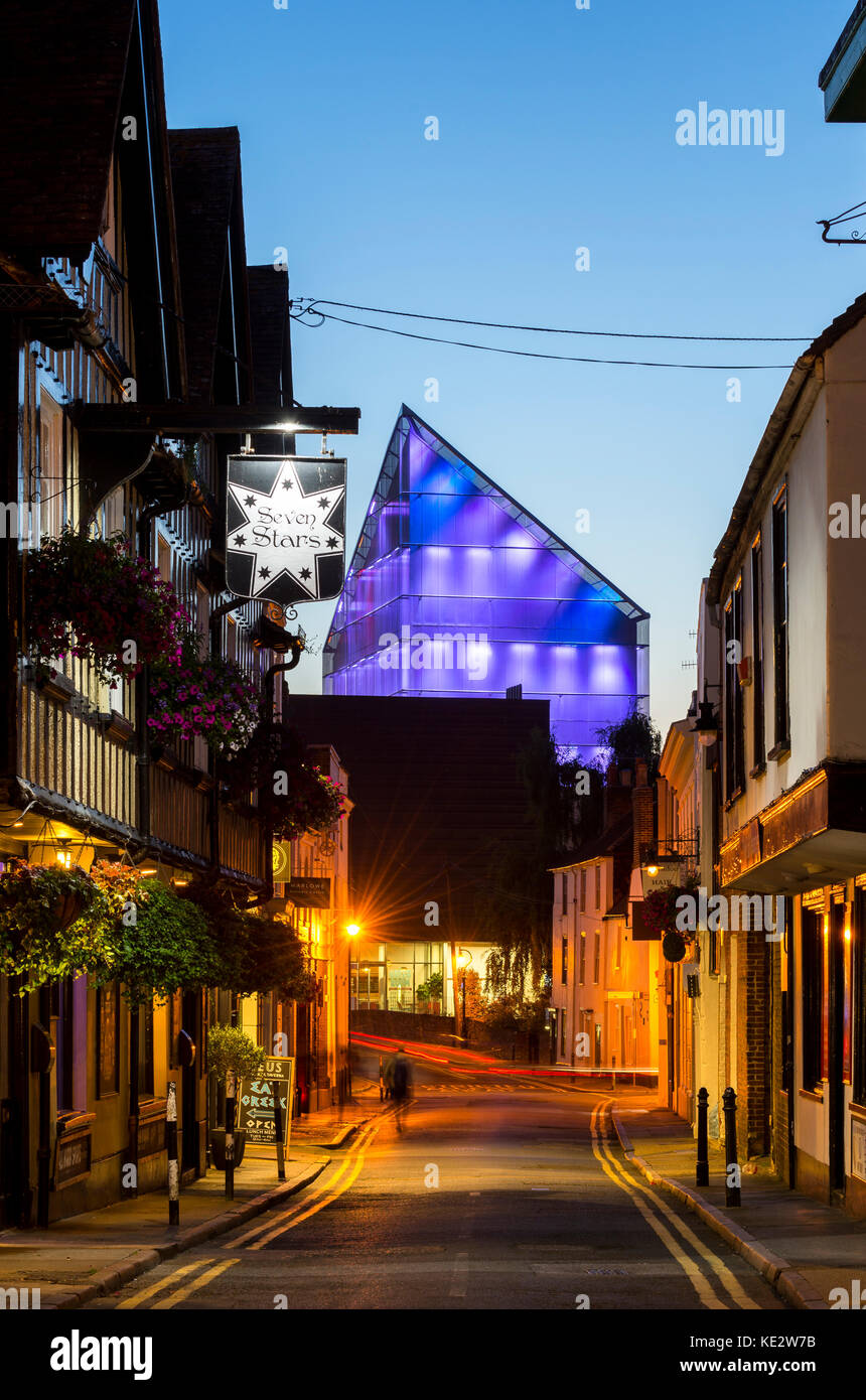 Marlowe Theatre illuminated at dusk as seen from Orange Street, Canterbury Stock Photo