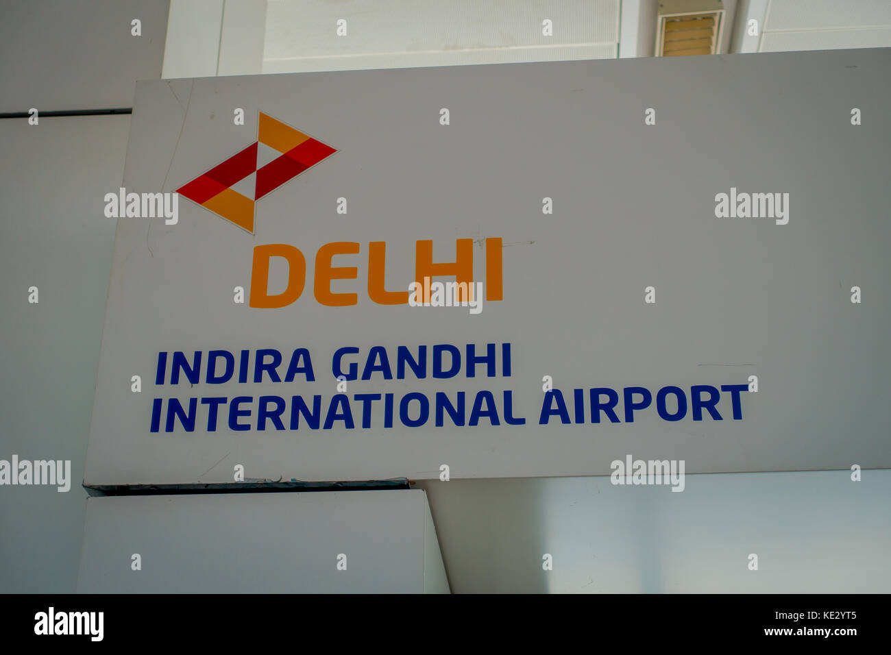 DELHI, INDIA - SEPTEMBER 19, 2017: Informative sign of Delhi in Indira Gandhi Internacional Airport of Delhi Stock Photo