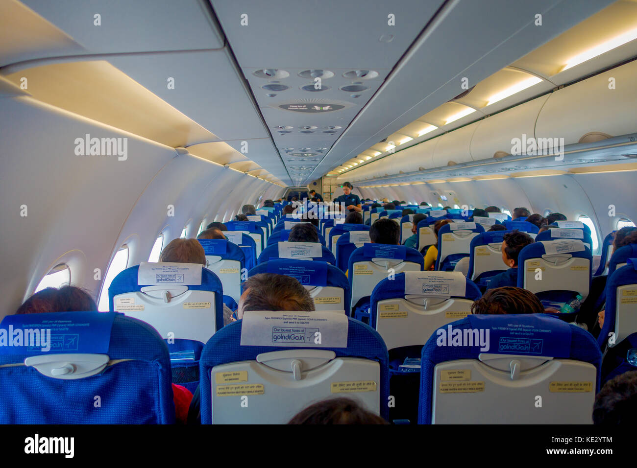 DELHI, INDIA - SEPTEMBER 19, 2017: Interior view of economy class fare seat in Air India A320. AI is a star alliance member, in India Stock Photo
