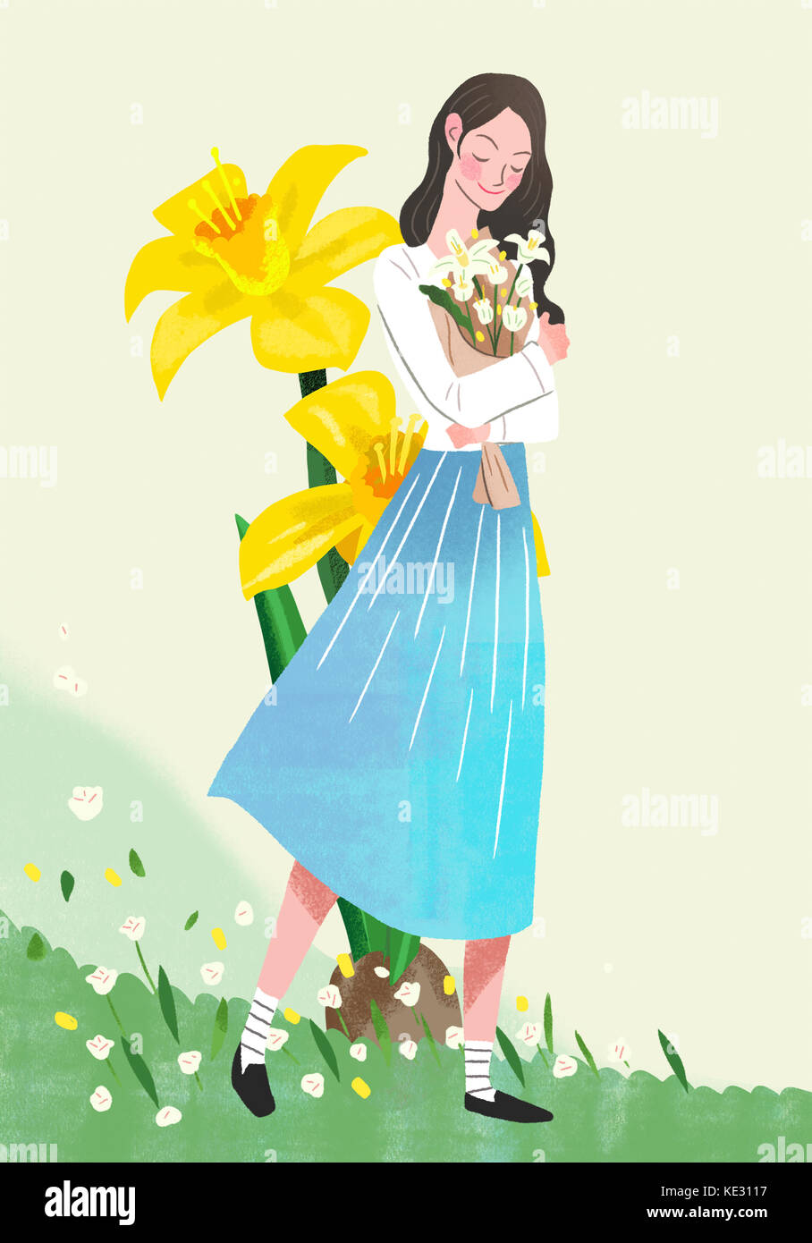 Woman with a bunch of flowers standing closing her eyes Stock Photo - Alamy