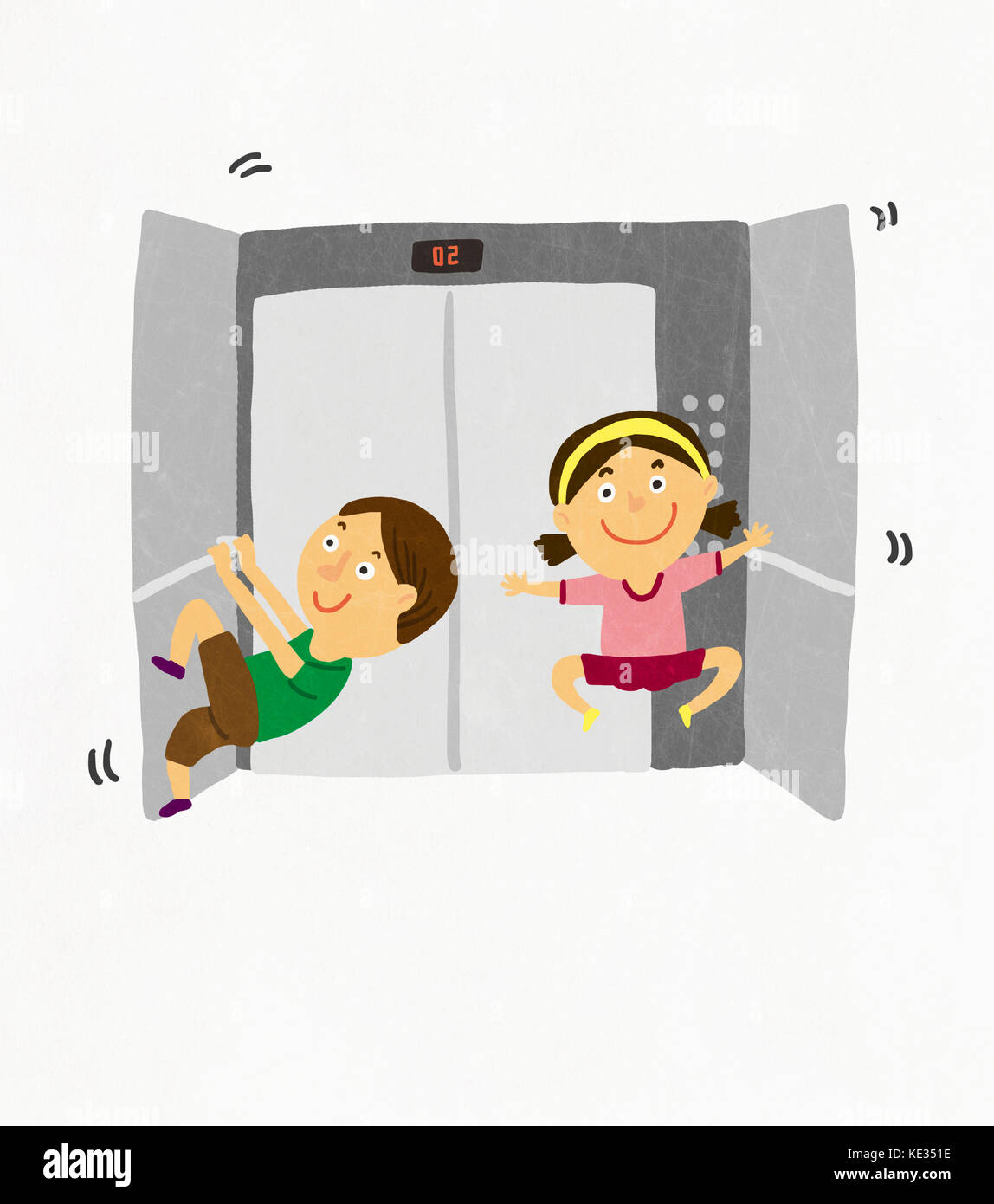 Smiling naughty boy and girl jumping in an elevator Stock Photo Alamy
