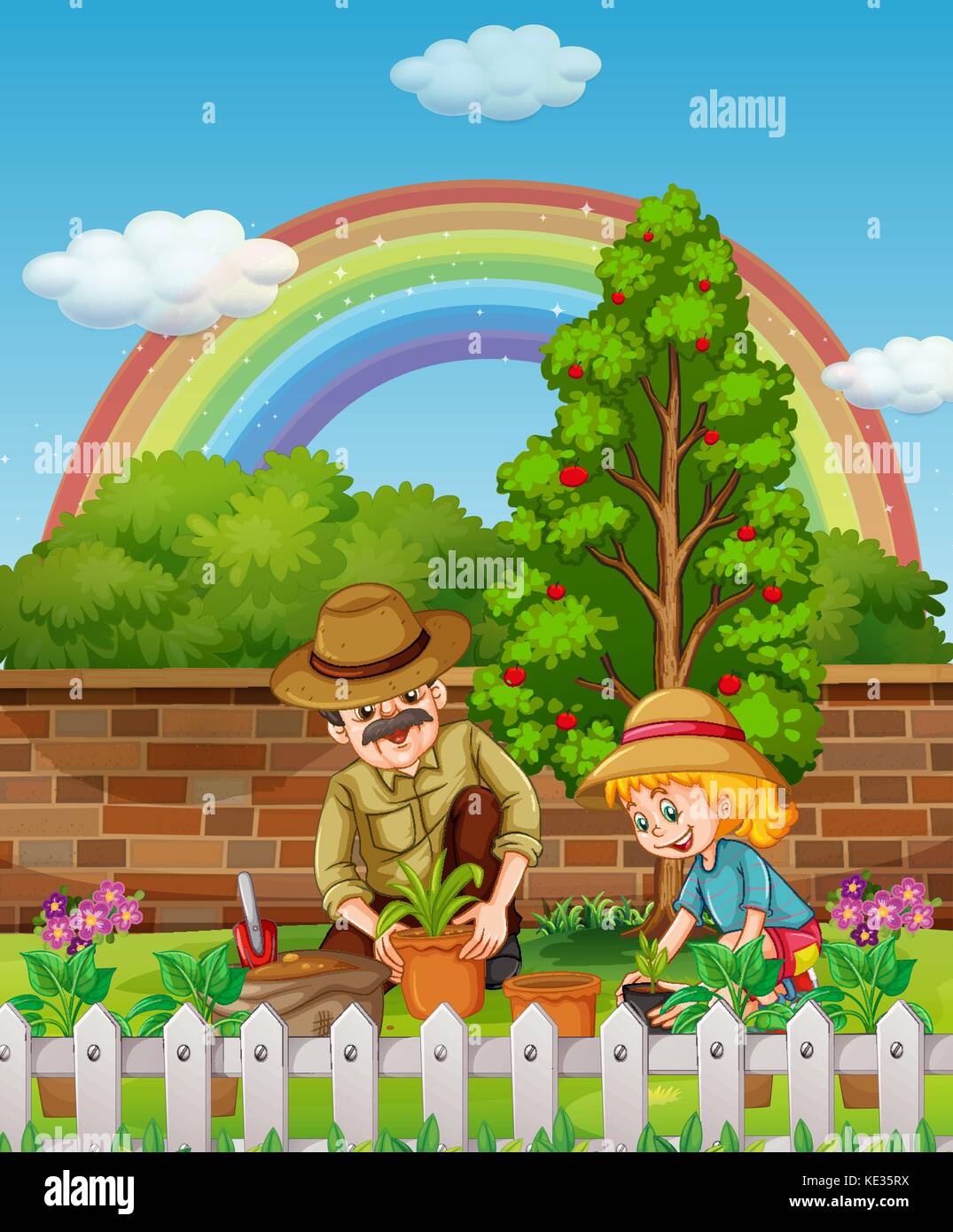 Father and daughter planting tree in garden illustration Stock Vector ...