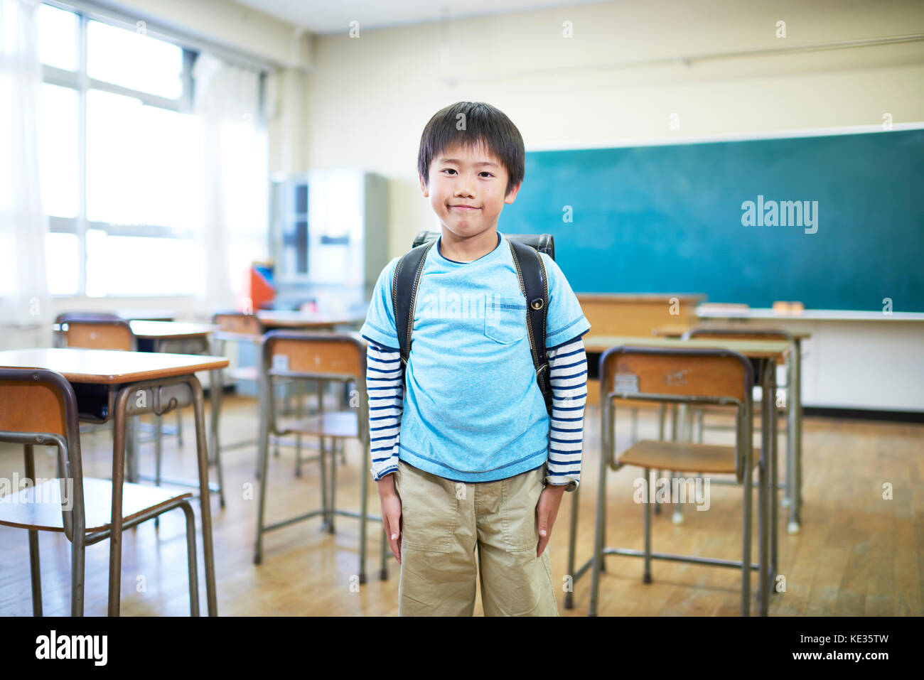 Japanese elementary school kid in the classroom Stock Photo
