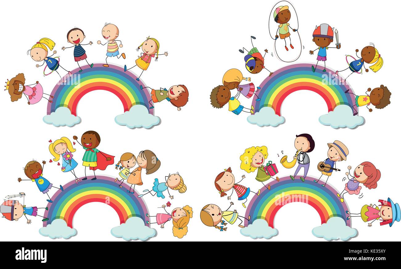 Kids standing on rainbow illustration Stock Vector Image & Art - Alamy