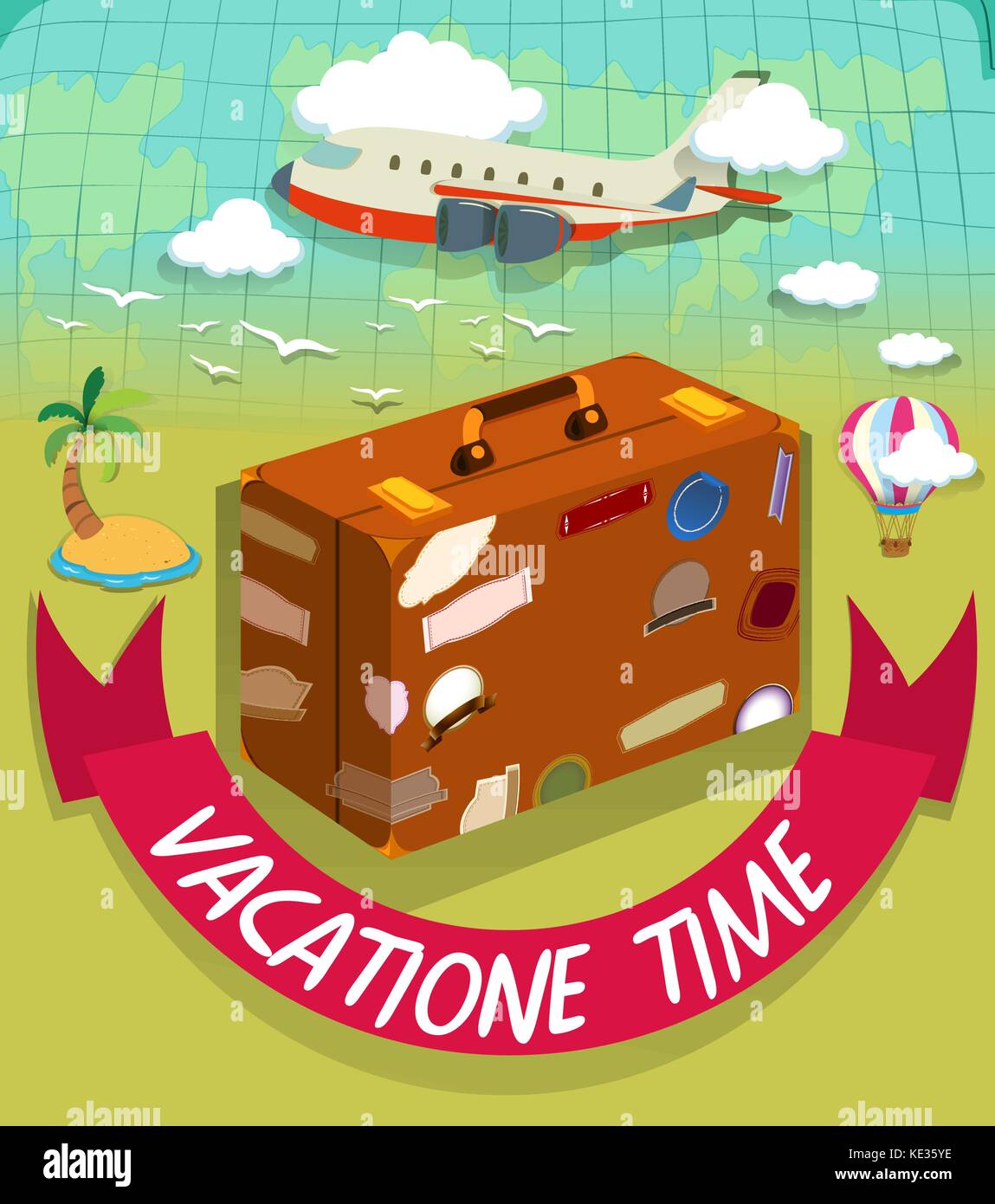 Vacation time with luggage and plane illustration Stock Vector