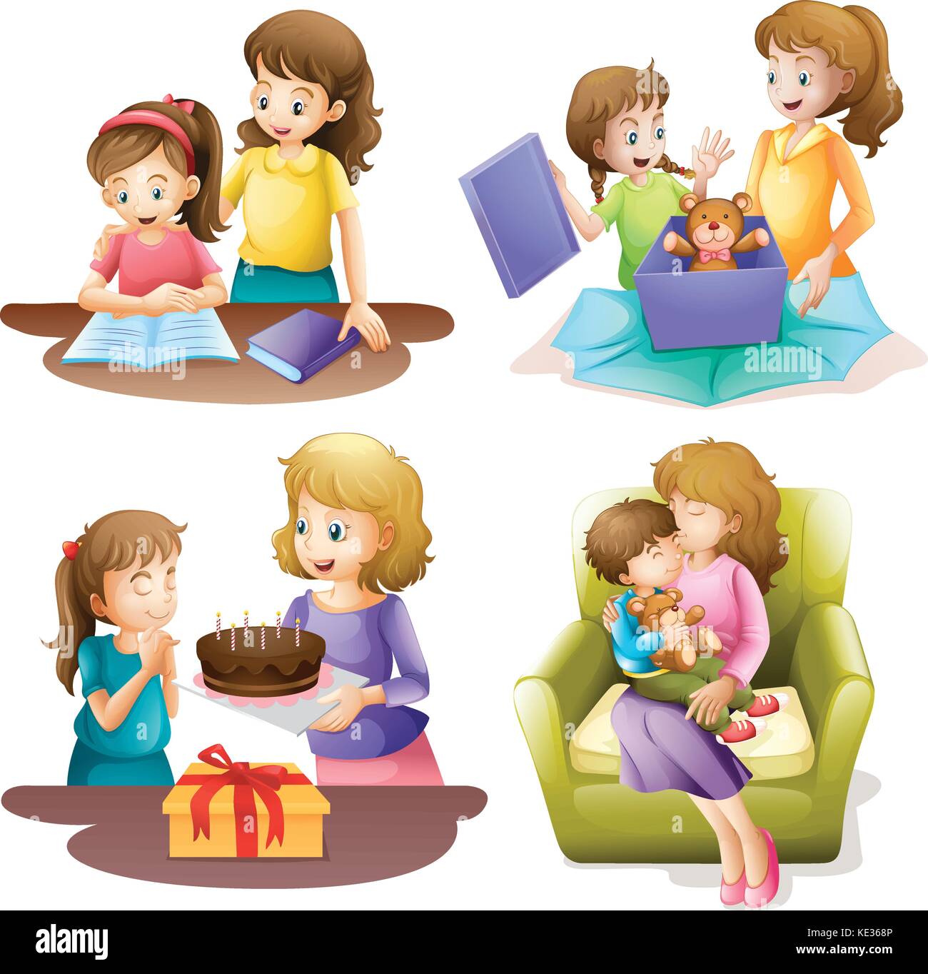 Mother and child doing different activities illustration Stock Vector