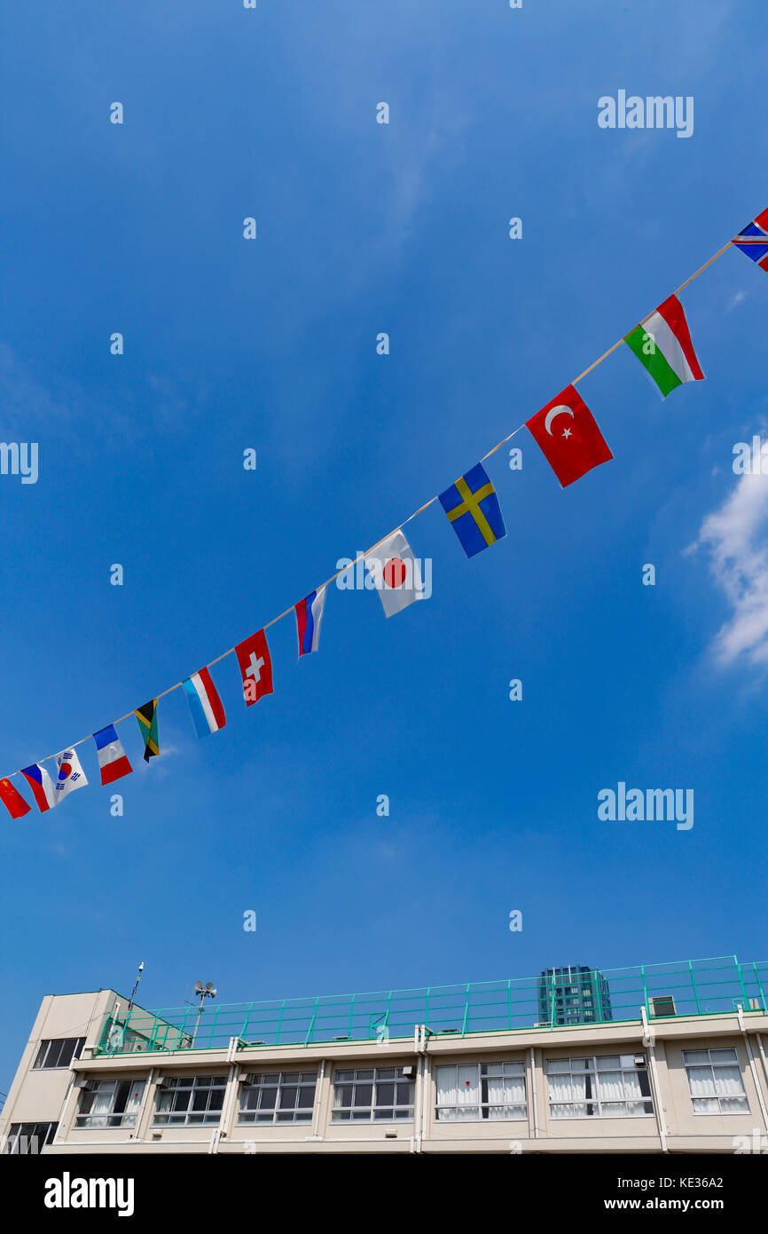 National flags at elementary school Stock Photo Alamy