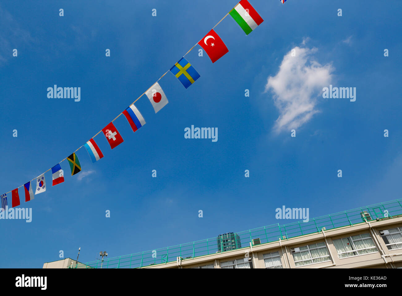 National flags at elementary school Stock Photo