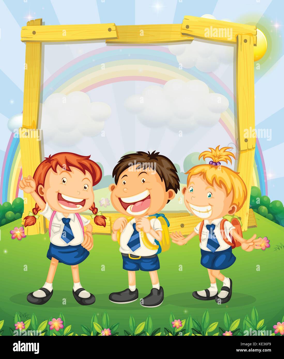 Children in school uniform standing on the park illustration Stock ...