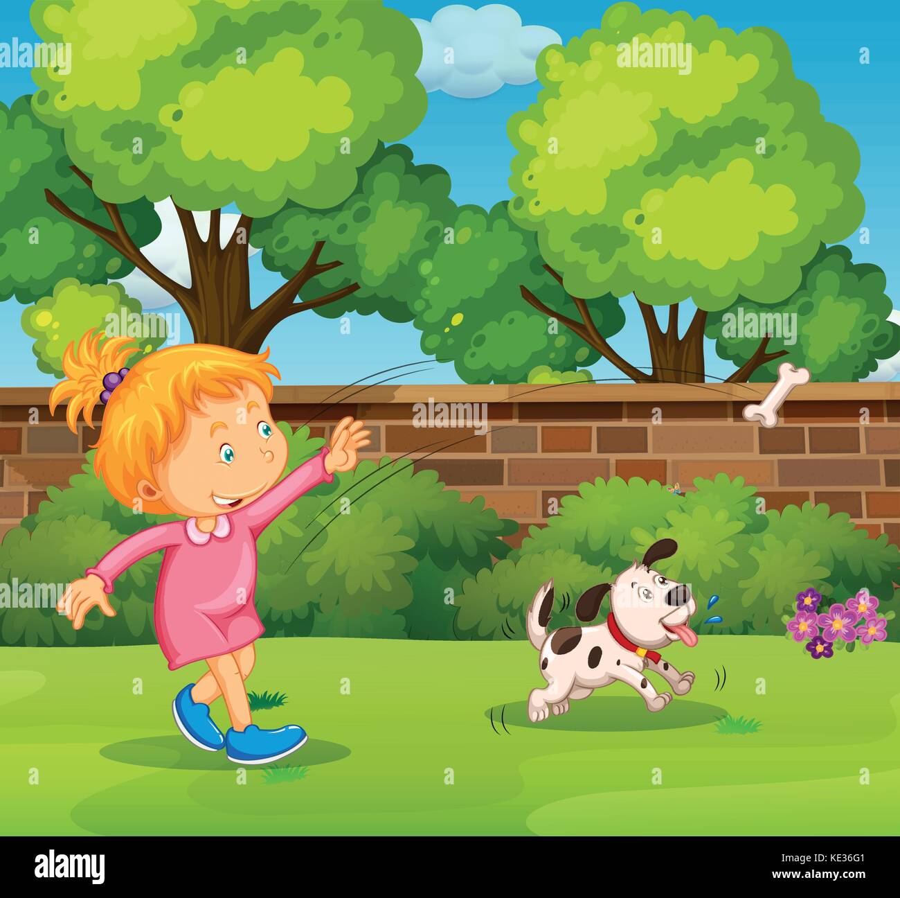 Girl playing with pet dog in the yard illustration Stock Vector Image