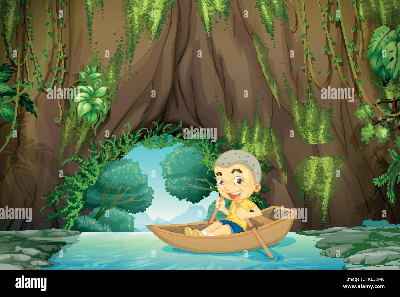 Boy rowing boat on the river illustration Stock Vector Image & Art - Alamy