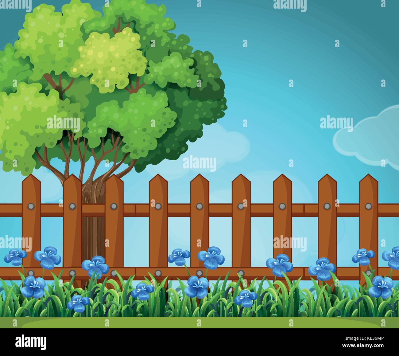 Scene with wooden fence in garden illustration Stock Vector
