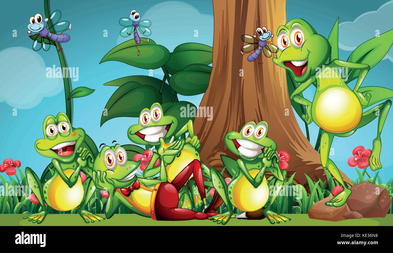 Five frogs and dragonflies in the garden illustration Stock Vector Image &  Art - Alamy