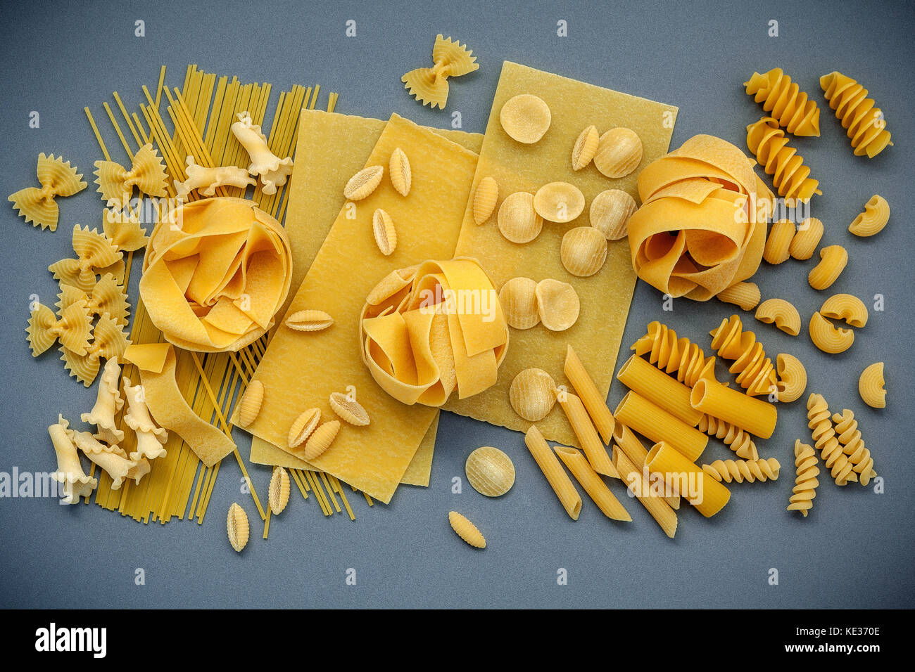 Italian foods concept and menu design. Assorted types of pasta Farfalle