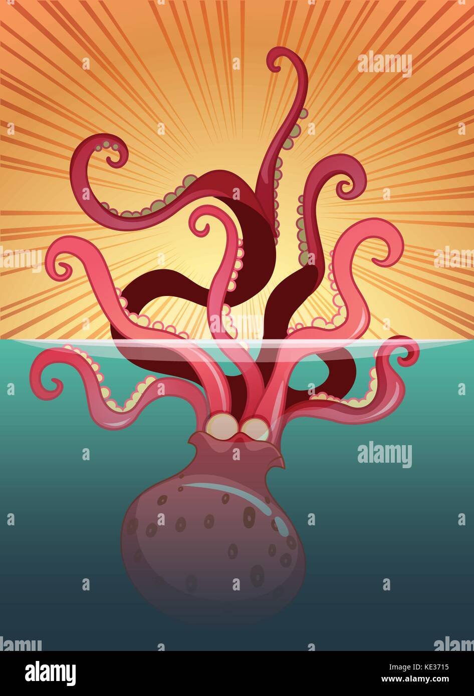 Giant octopus under the ocean illustration Stock Vector