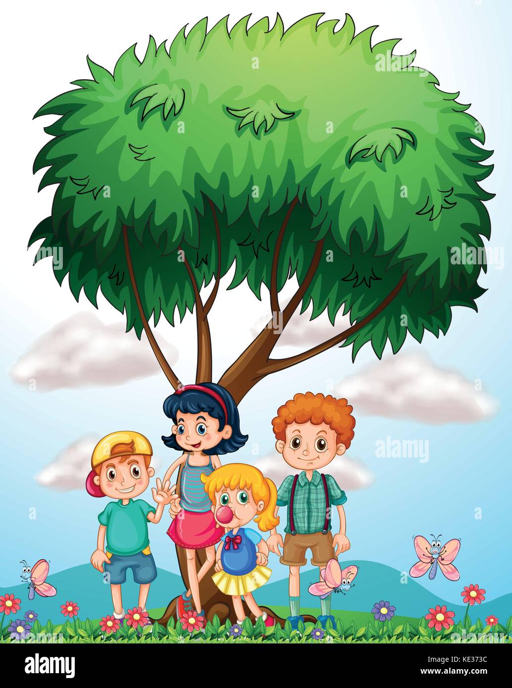 Children standing under the tree illustration Stock Vector Image & Art