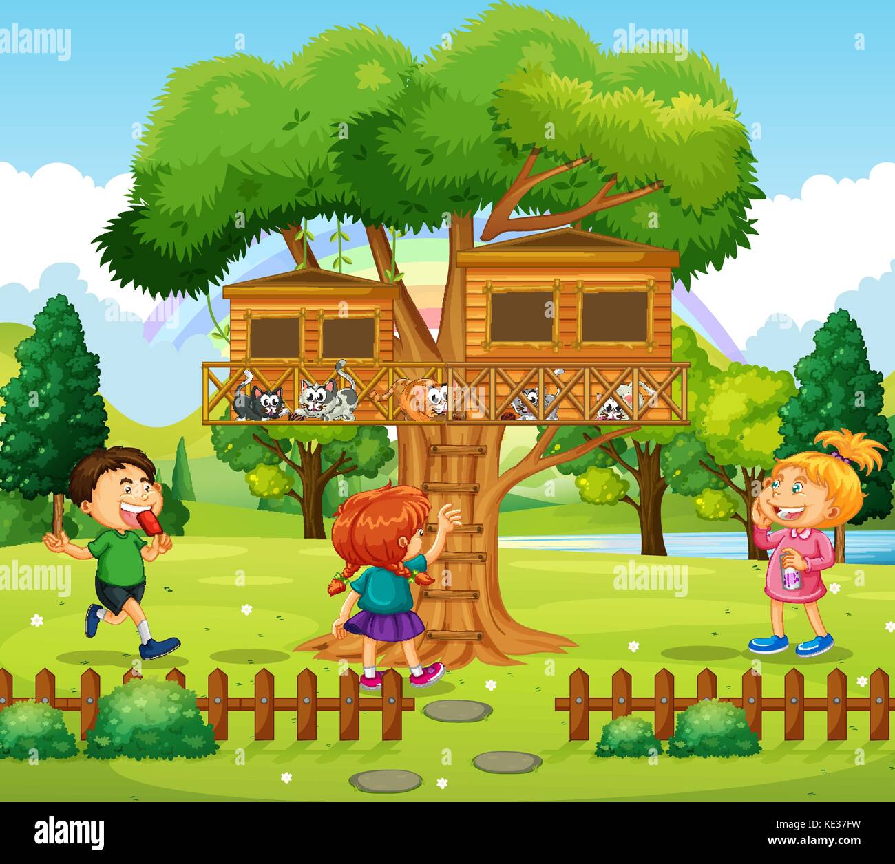 Three kids playing at the treehouse illustration Stock Vector Image ...