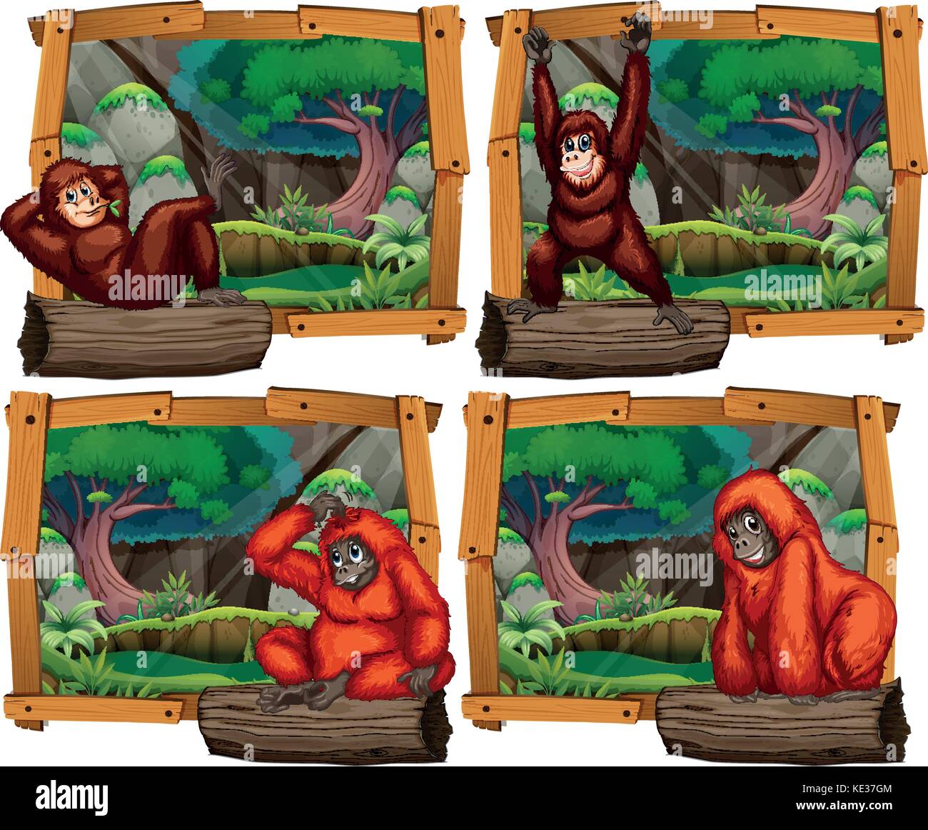 Four scenes of monkey in the jungle illustration Stock Vector Image ...