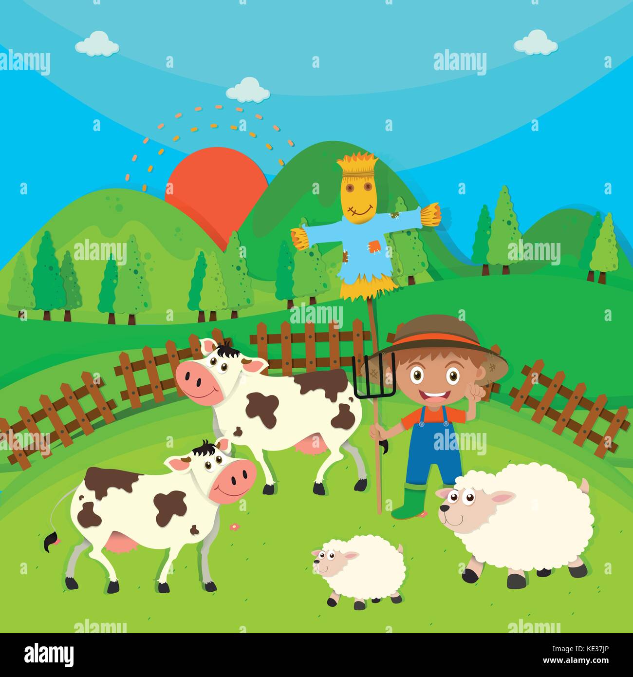 Farmer and farm animals on the farm illustration Stock Vector Image ...