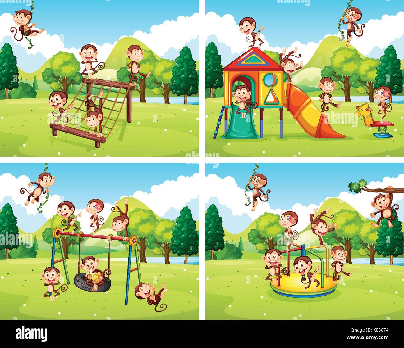 Scenes with monkeys playing in the park illustration Stock Vector Image ...