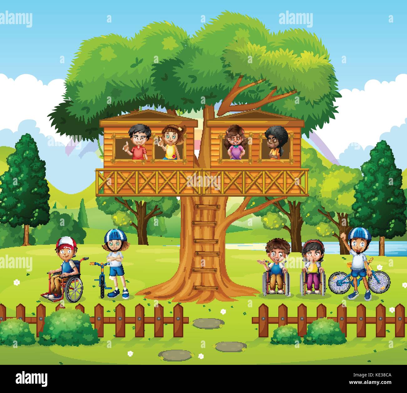 Children playing at the treehouse in the park illustration Stock Vector ...