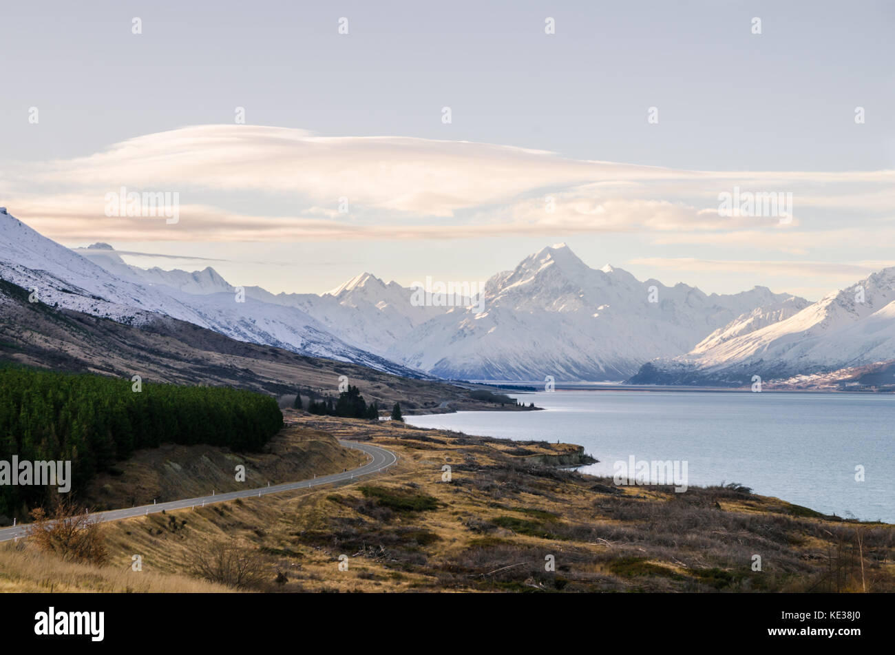 Mount Cook Viewpoint With The Lake Pukaki And The Road Leading To Stock Photo Alamy