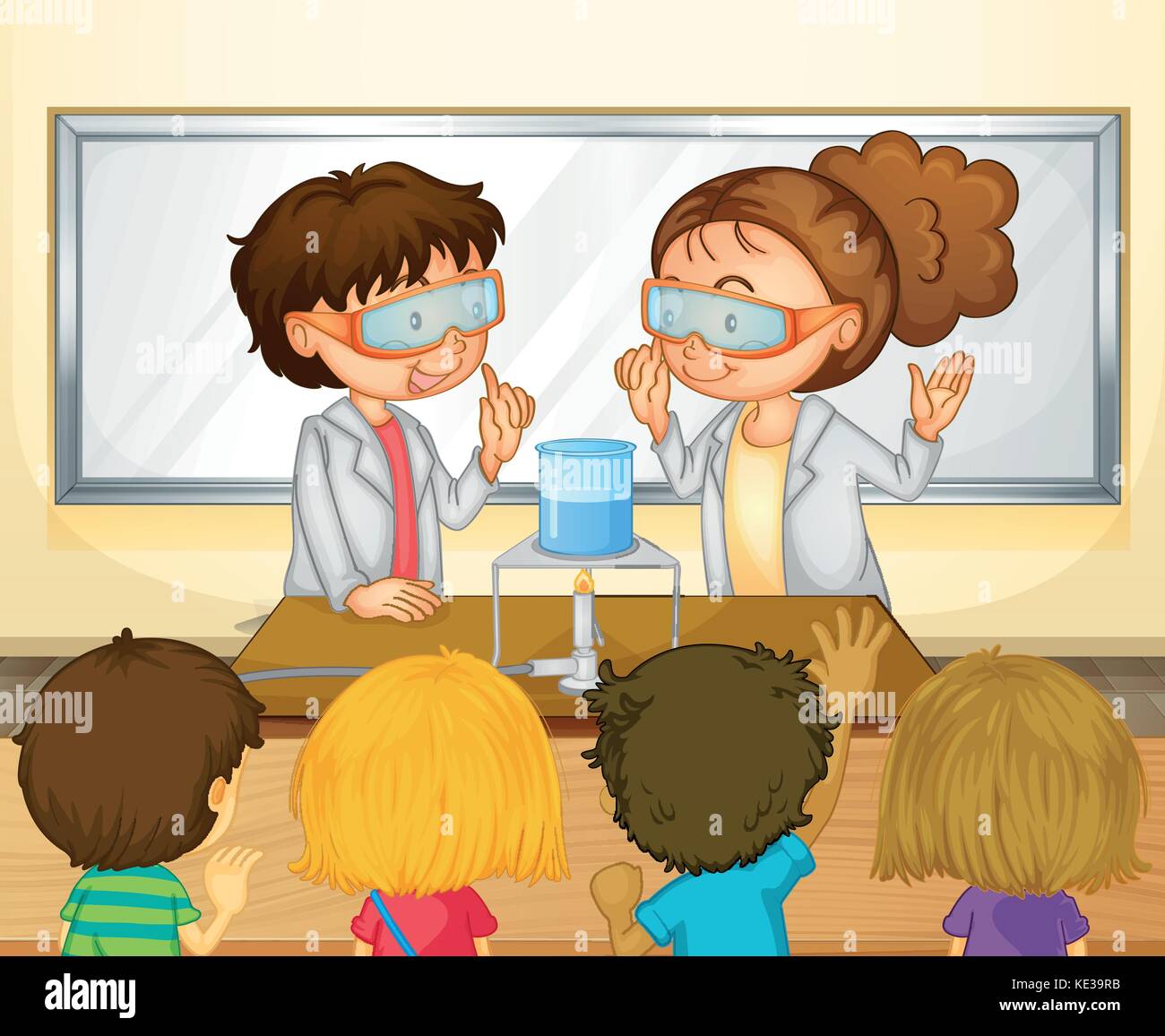 Students doing science experiment in classroom illustration Stock Vector