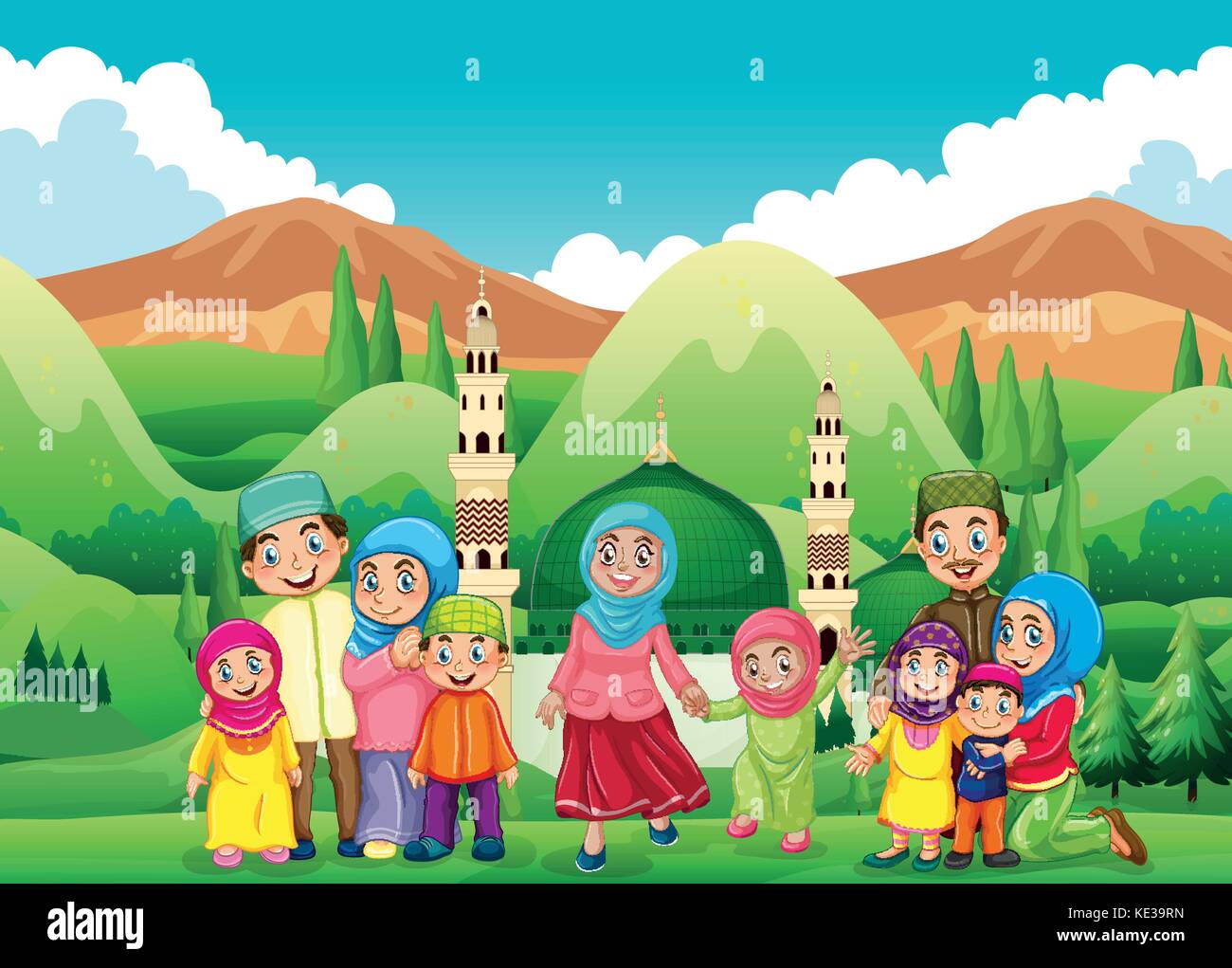Muslim family at the mosque illustration Stock Vector