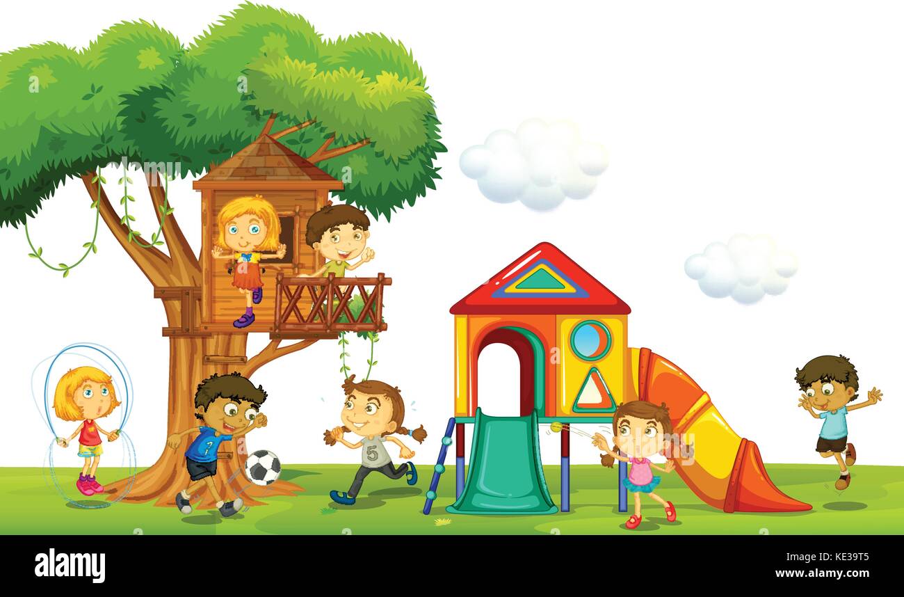 Children playing at the treehouse in the park illustration Stock Vector ...