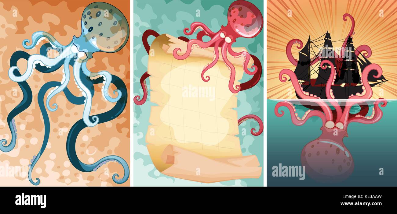 Giant octopus in three different scenes illustration Stock Vector