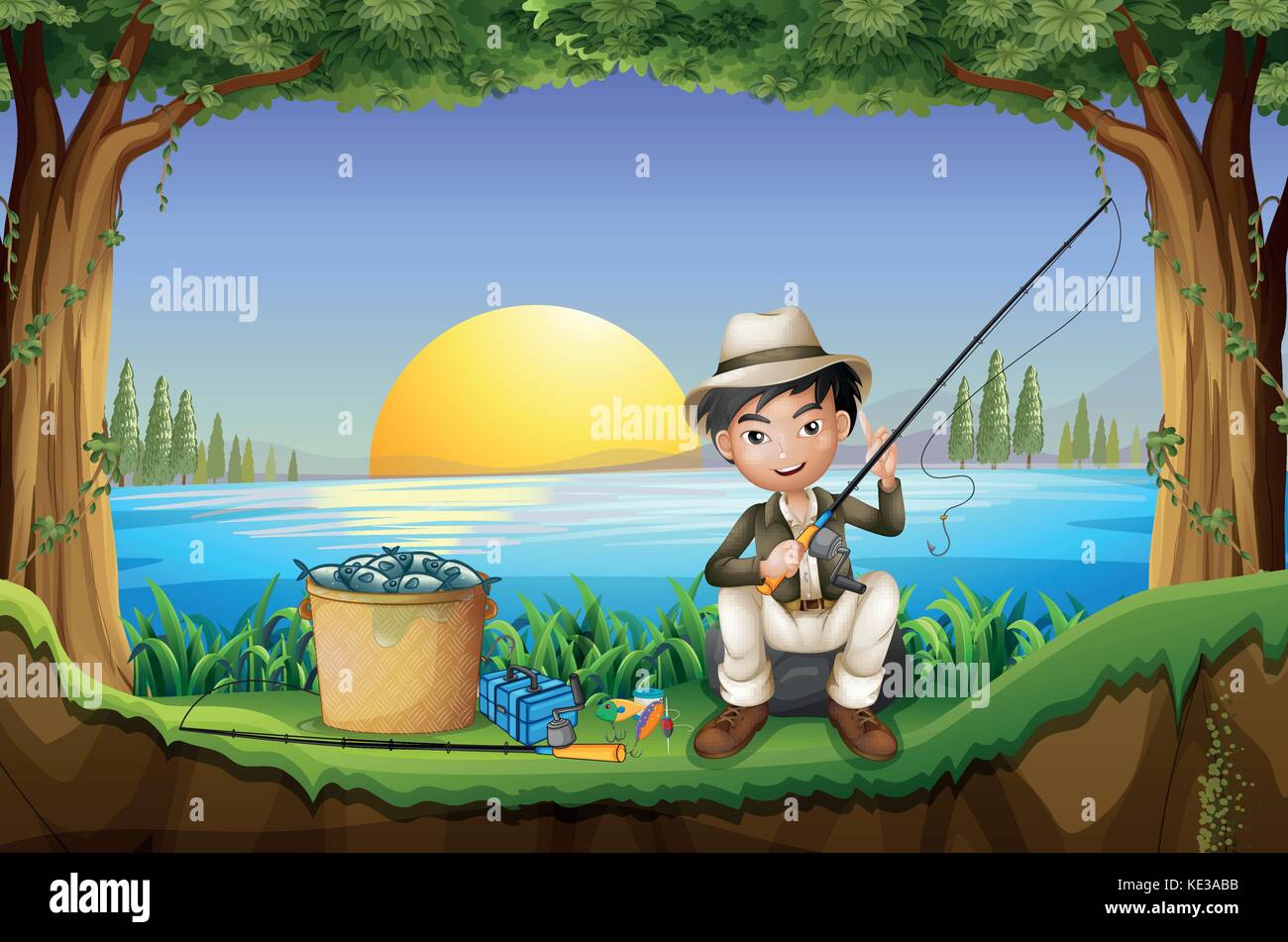 Man fishing by the lake illustration Stock Vector Image & Art - Alamy