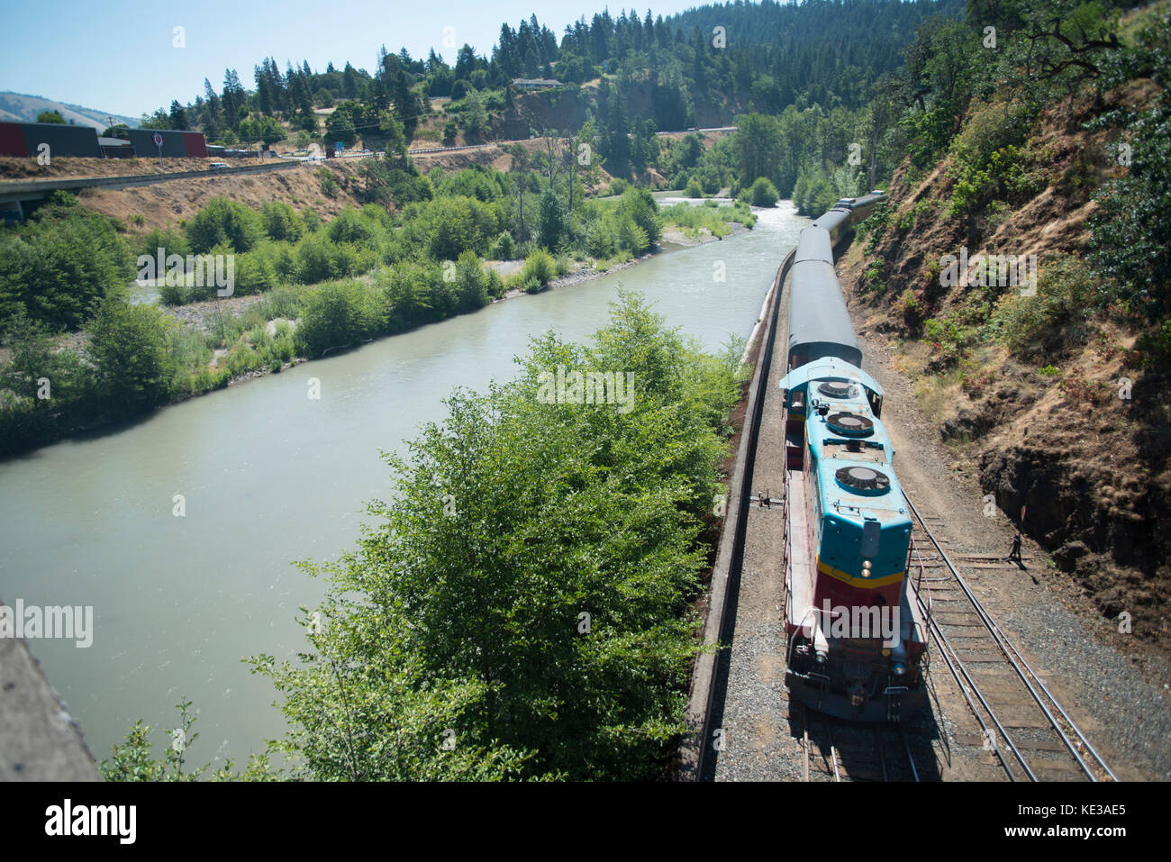The Mount Hood Scenic Railroad alongside Hood River, Oregon, USA Stock Photo