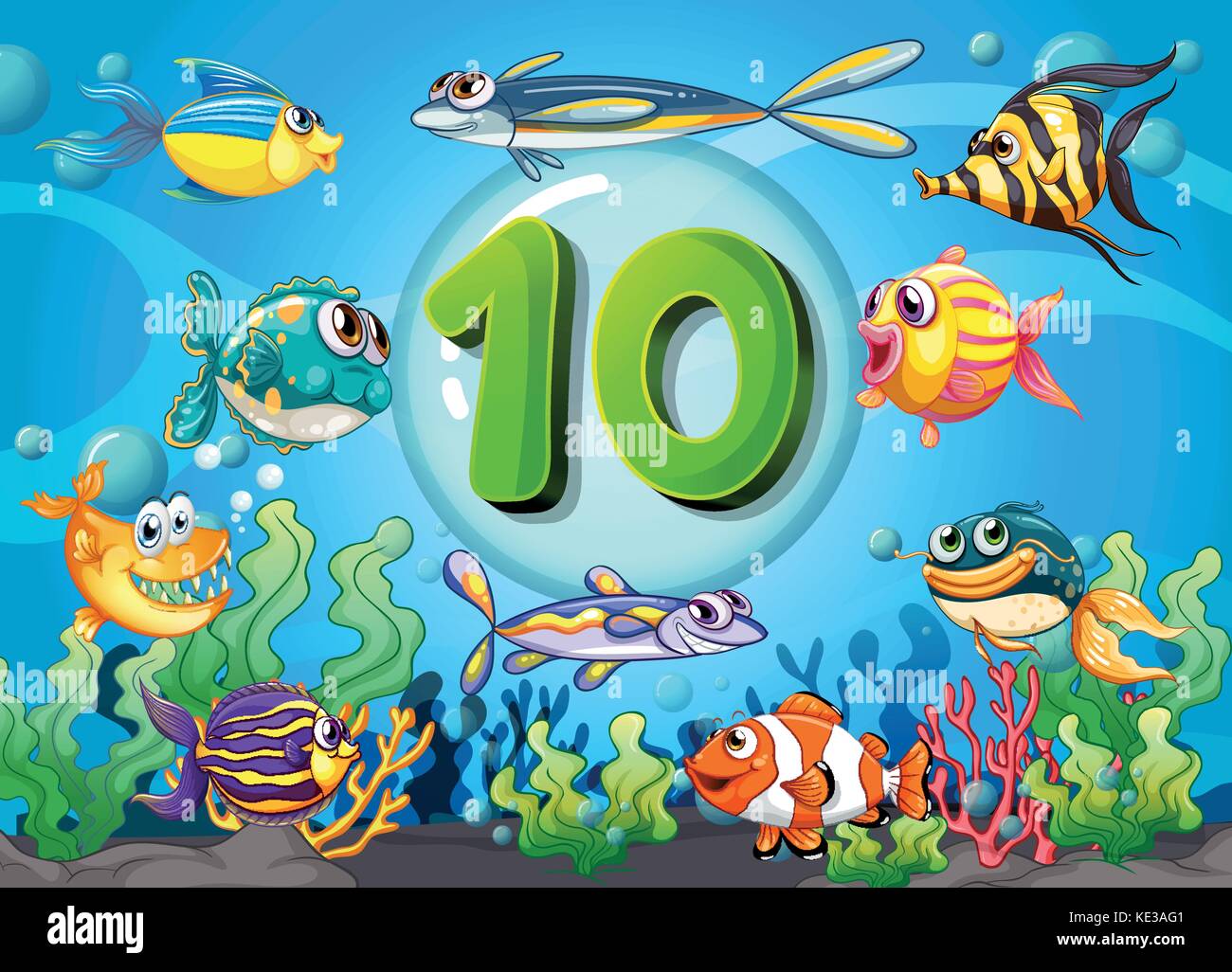Flashcard number ten with 10 fish underwater illustration Stock Vector