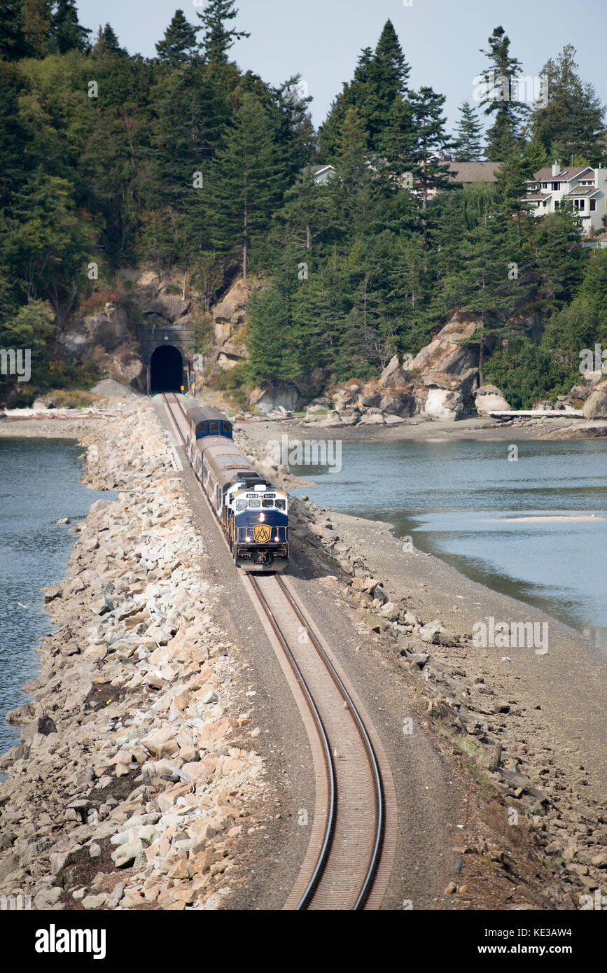Rocky Mountaineer Coastal Passage train near Bellingham, Washington