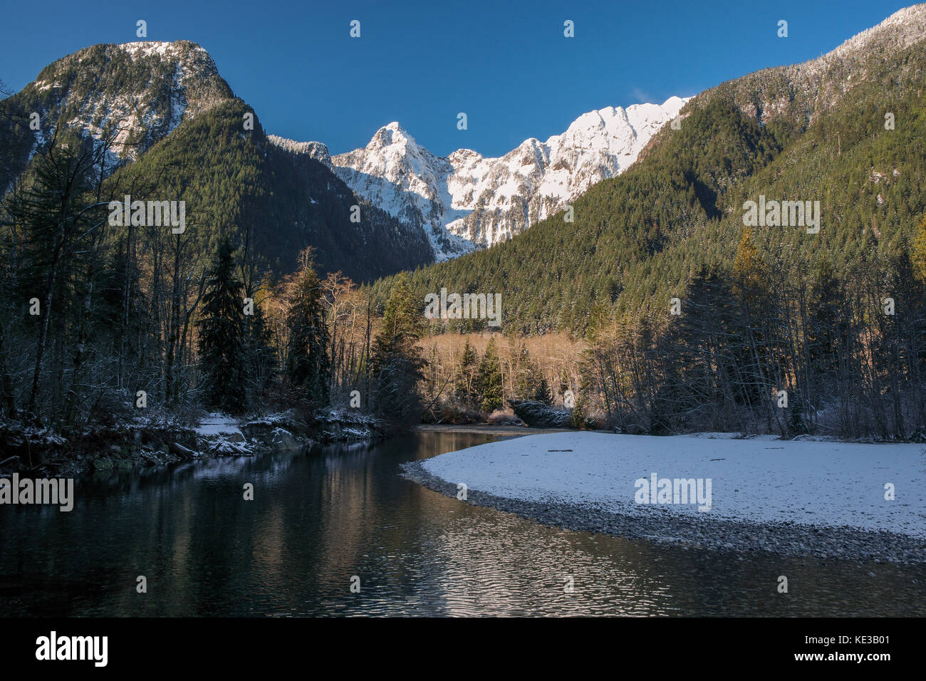 Mountains over Gold Creek in winter in Golden Ears provincial park, British Columbia, Canada Stock Photo